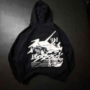 At The Moment Hoodie Mens XL Black Porsche 911 Heavyweight Relaxed Baggy Fit